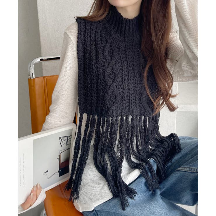 VIVIENNE TAM ケーブルニットポンチョ 肉厚 フリンジ GOLDJAPAN 大きいサイズ レディース ニット セーター ポンチョ