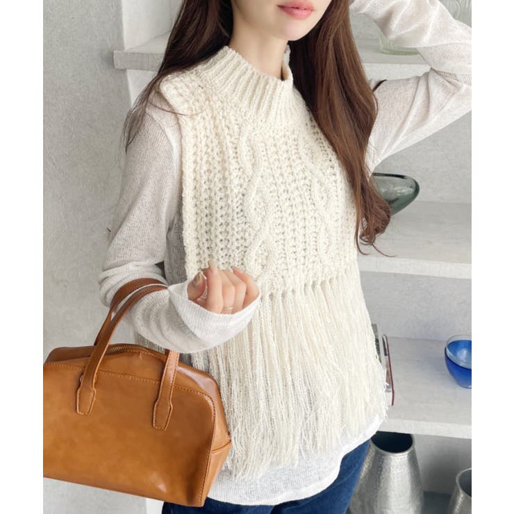 ケーブルデザイン 裾フリンジニットベスト | Ada. | 詳細画像5 