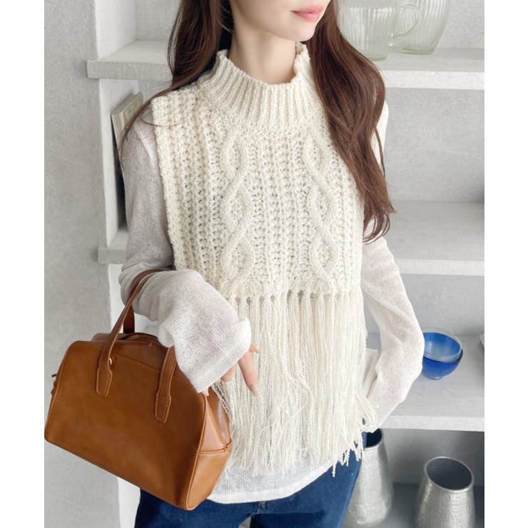 ケーブルデザイン 裾フリンジニットベスト | Ada. | 詳細画像6 