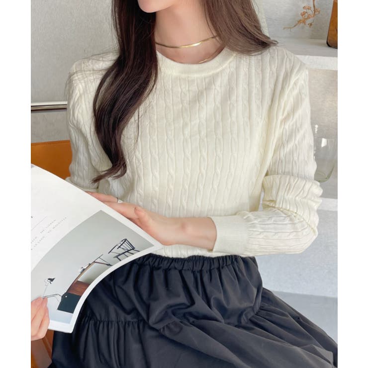 クルーネック ケーブル コンパクト 長袖 ニット[品番：ORGW0009121