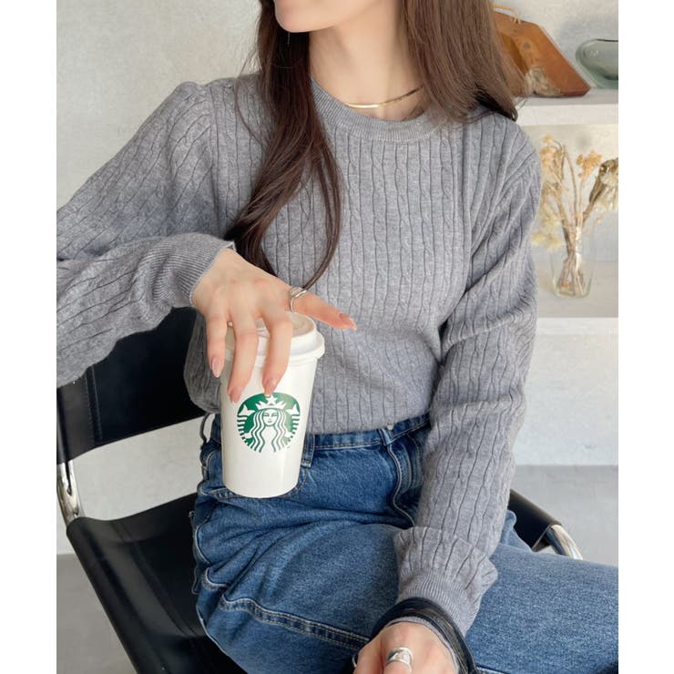 クルーネック ケーブル コンパクト 長袖 ニット[品番：ORGW0009121