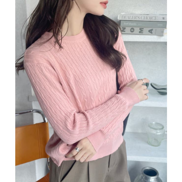 クルーネック ケーブル コンパクト 長袖 ニット[品番：ORGW0009121