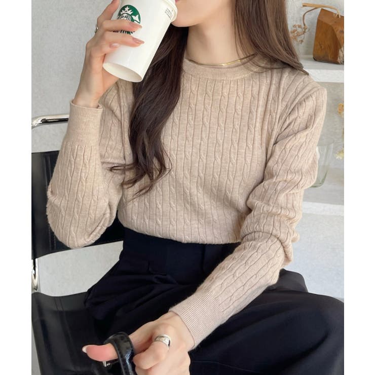 クルーネック ケーブル コンパクト 長袖 ニット[品番：ORGW0009121