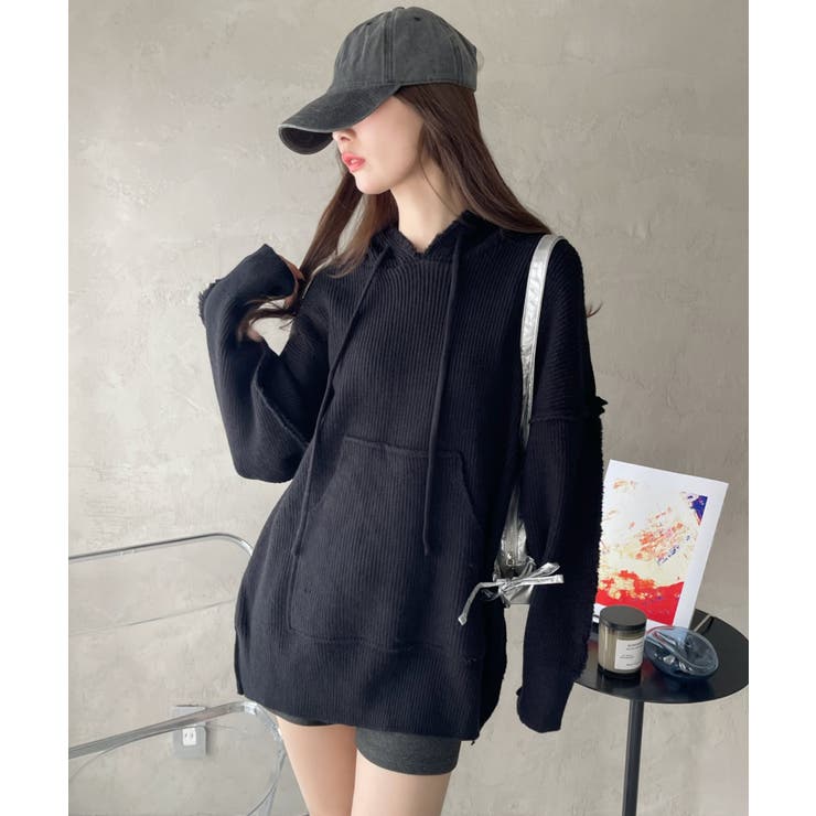 グランジ風 オーバーサイズ フーディー ニット | Ada. | 詳細画像5 