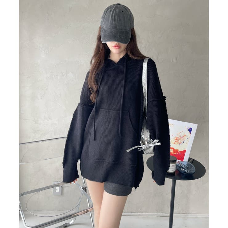 グランジ風 オーバーサイズ フーディー ニット | Ada. | 詳細画像7 