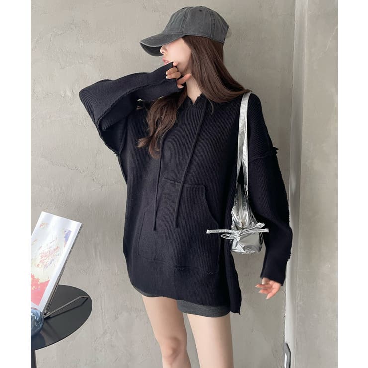 グランジ風 オーバーサイズ フーディー ニット | Ada. | 詳細画像9 