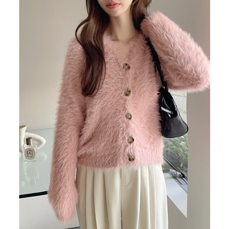 シャギー Vネック マーブルボタン ルーズ カーディガン | Ada. | 詳細画像19 