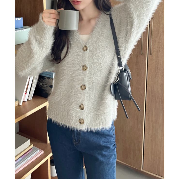 シャギー Vネック マーブルボタン ルーズ カーディガン | Ada. | 詳細画像22 