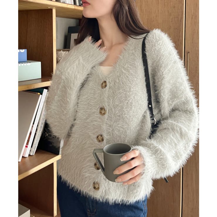 シャギー Vネック マーブルボタン ルーズ カーディガン | Ada. | 詳細画像23 