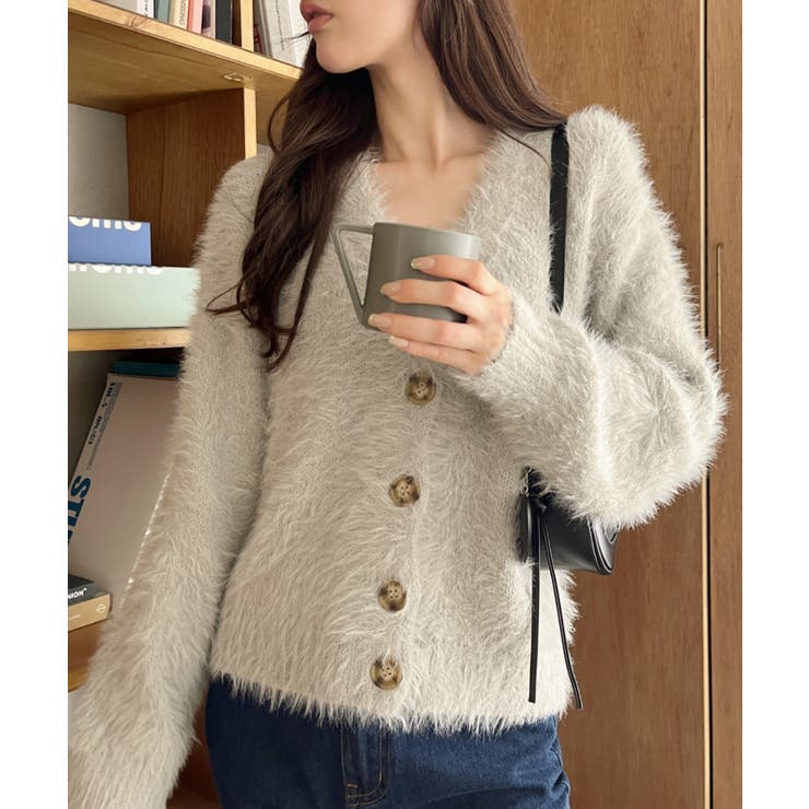 シャギー Vネック マーブルボタン ルーズ カーディガン | Ada. | 詳細画像24 