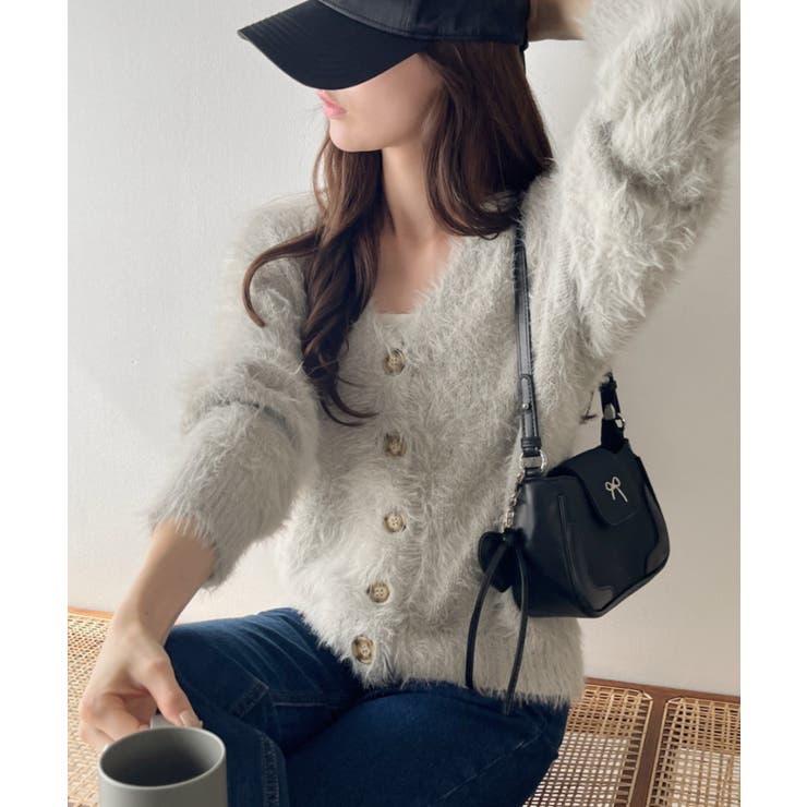 シャギー Vネック マーブルボタン ルーズ カーディガン | Ada. | 詳細画像25 