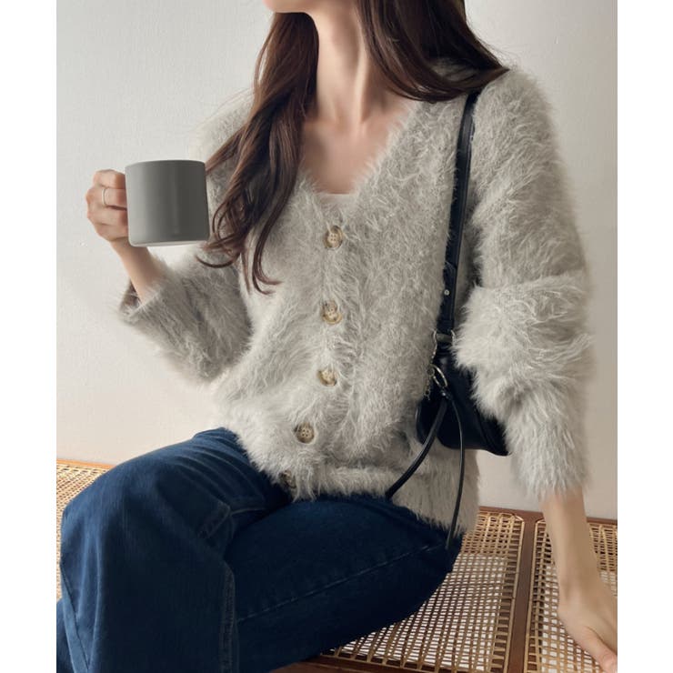 シャギー Vネック マーブルボタン ルーズ カーディガン | Ada. | 詳細画像26 