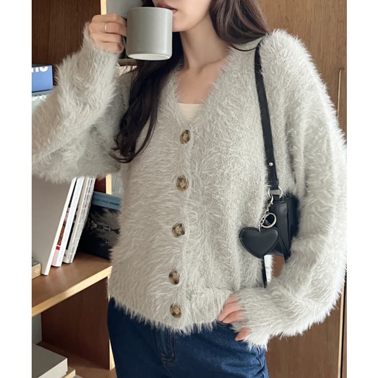 シャギー Vネック マーブルボタン ルーズ カーディガン | Ada. | 詳細画像3 