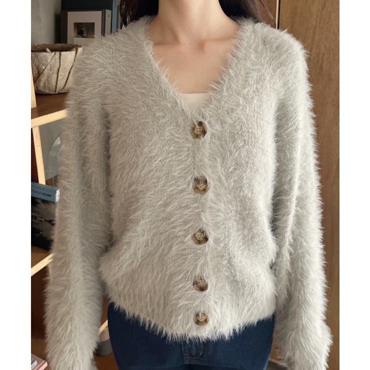 シャギー Vネック マーブルボタン ルーズ カーディガン | Ada. | 詳細画像30 