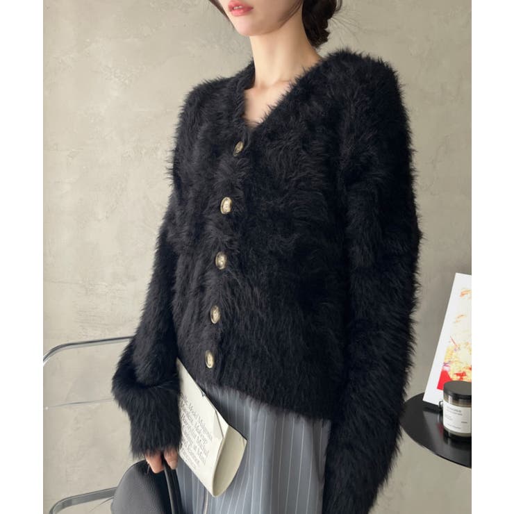 シャギー Vネック マーブルボタン ルーズ カーディガン | Ada. | 詳細画像5 