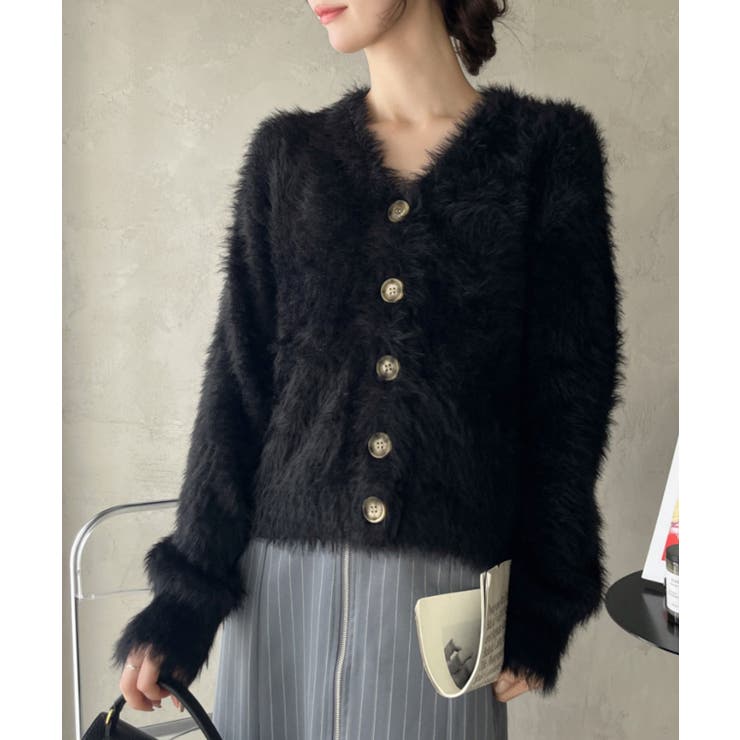 シャギー Vネック マーブルボタン ルーズ カーディガン | Ada. | 詳細画像6 