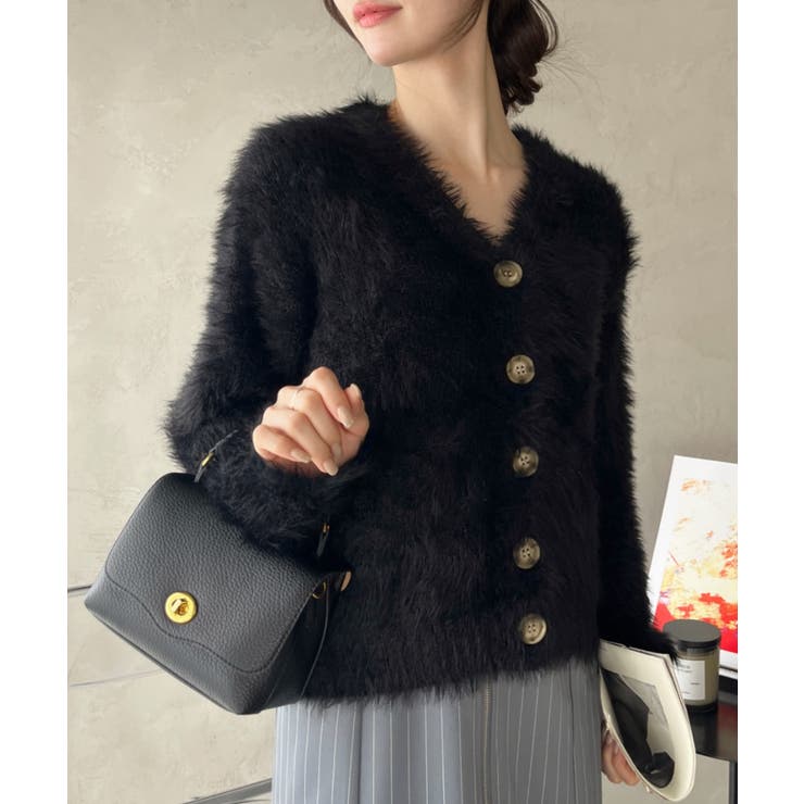 シャギー Vネック マーブルボタン ルーズ カーディガン | Ada. | 詳細画像7 