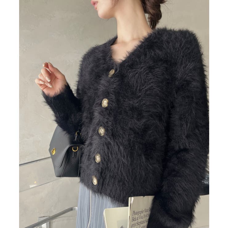 シャギー Vネック マーブルボタン ルーズ カーディガン | Ada. | 詳細画像8 