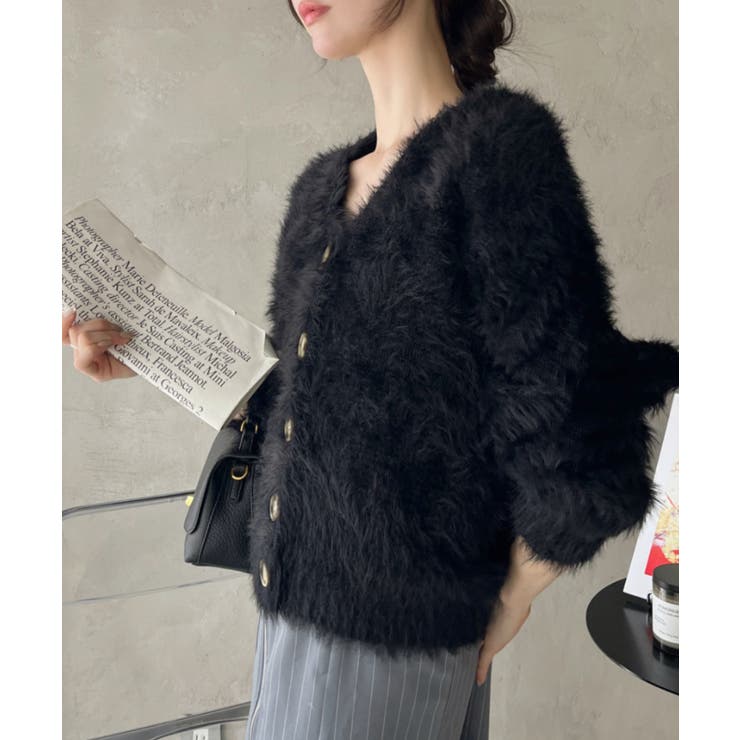 シャギー Vネック マーブルボタン ルーズ カーディガン | Ada. | 詳細画像9 