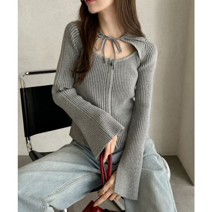 ピグメントライク 配色リブ フロントカット リボン ニットトップス