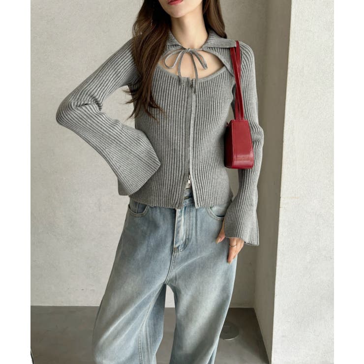 ピグメントライク 配色リブ フロントカット リボン ニットトップス