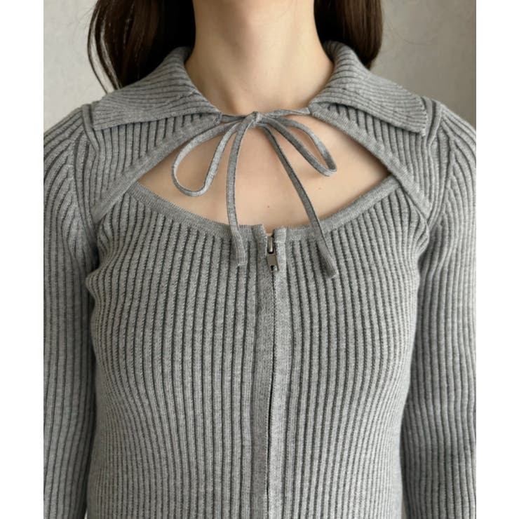 ピグメントライク 配色リブ フロントカット リボン ニットトップス