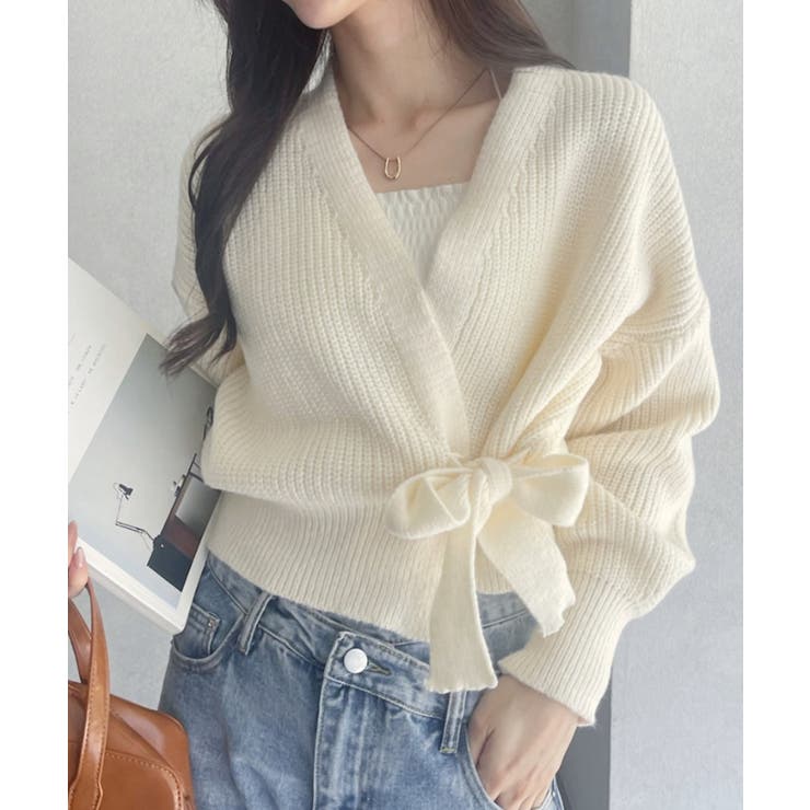 カシュクールデザイン リボン カーディガン ニットトップス[品番
