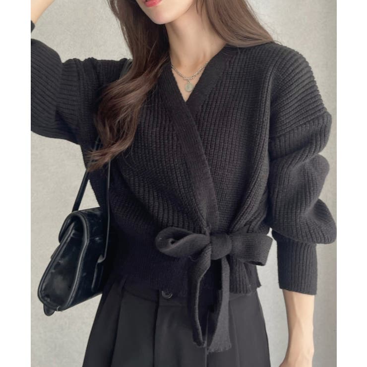 ローブブラン　プリーツカシュクールニットトップス ローブブランプリーツカシュクールニットトップス（グレー）