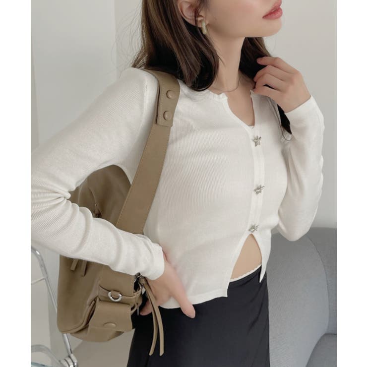 裾スリット Vネック コンパクト 星ボタン カーディガン[品番