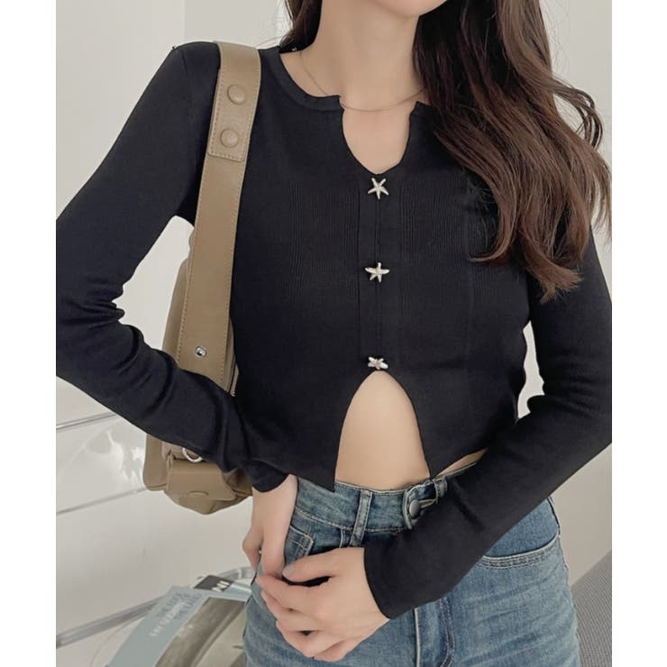 裾スリット Vネック コンパクト 星ボタン カーディガン | Ada. | 詳細画像2 