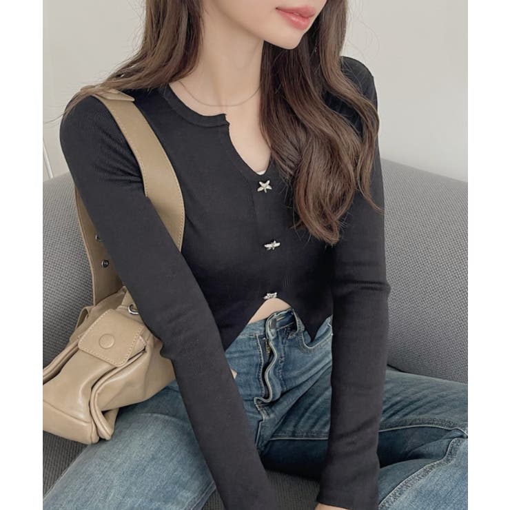 裾スリット Vネック コンパクト 星ボタン カーディガン | Ada. | 詳細画像4 