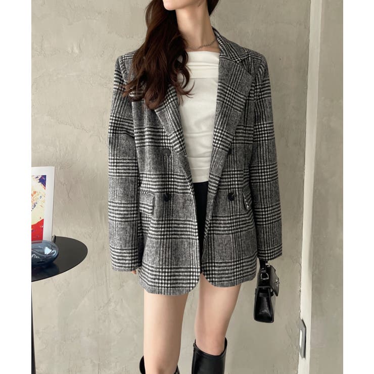 柔らかタッチ チェック テーラードジャケット 軽アウター[品番