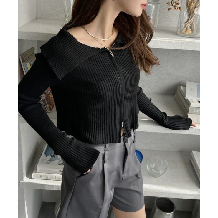 オフショル フロントジップ スリムニット[品番：ORGW0009255]｜Ada