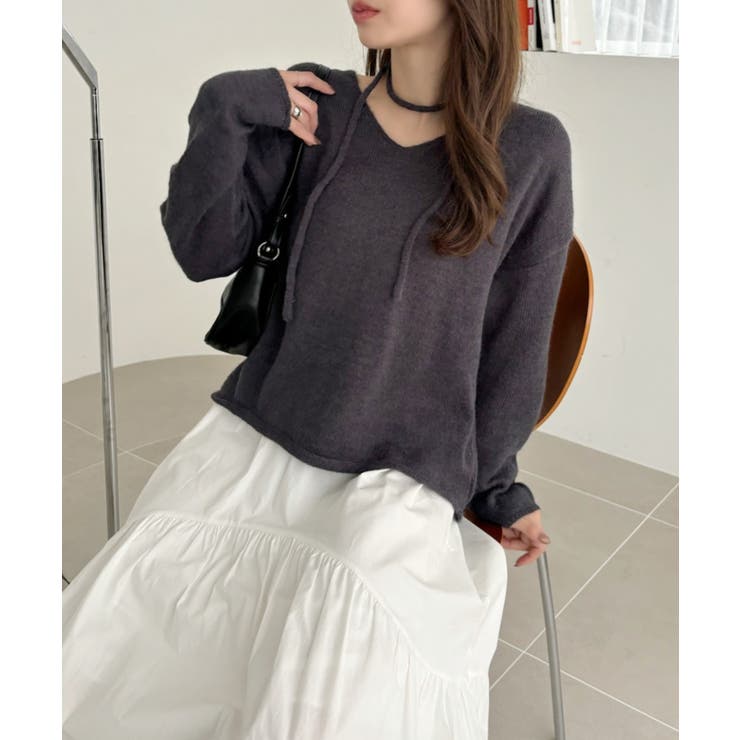 リボン チョーカー付き ゆるVネック オーバーサイズニット[品番