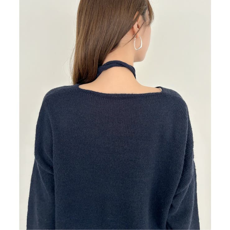 リボン チョーカー付き ゆるVネック オーバーサイズニット[品番