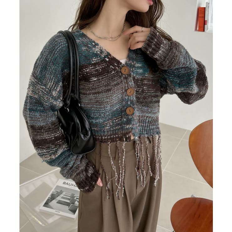 極美品✨PLEATS PLEASE カーディガン　ストライプ　グラデーション 裾フリンジ グランジ グラデーション Vネック クロップド カーディガン