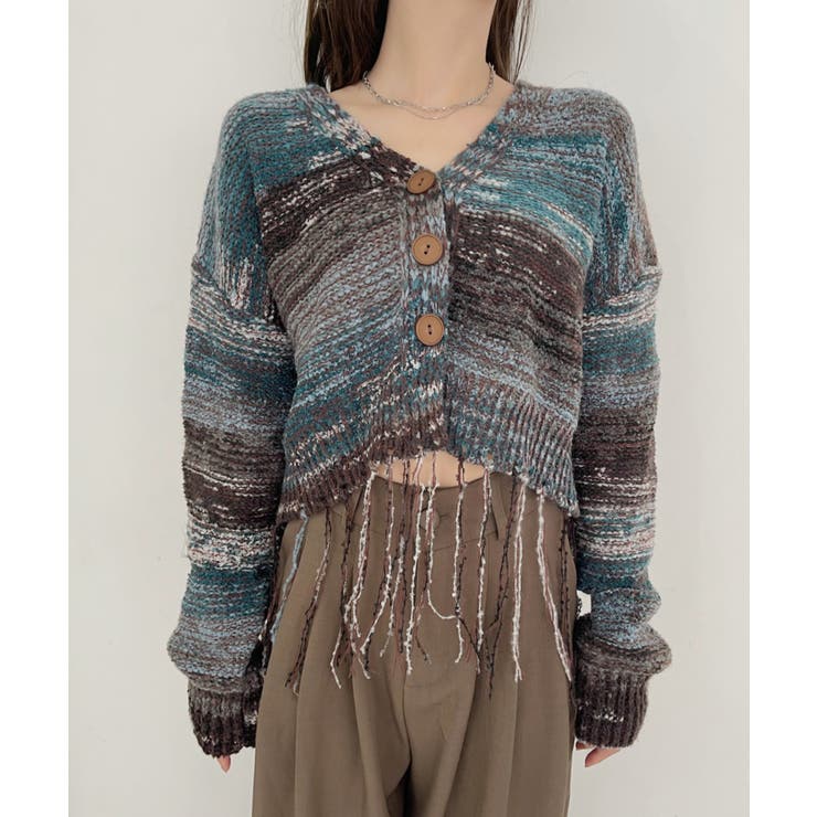 裾フリンジ グランジ グラデーション Vネック クロップド カーディガン 裾フリンジ グランジ グラデーション Vネック クロップド カーディガン
