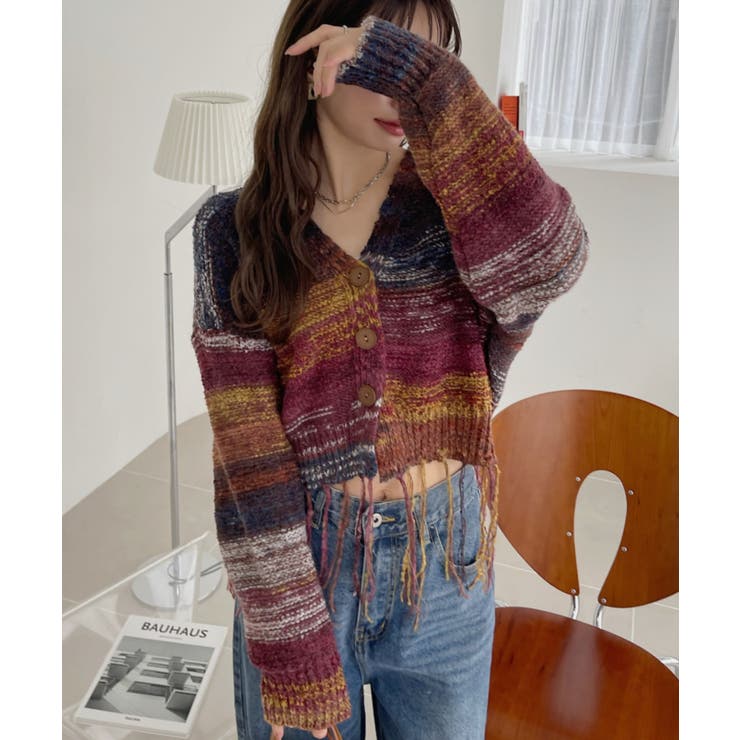 極美品✨PLEATS PLEASE カーディガン　ストライプ　グラデーション 裾フリンジ グランジ グラデーション Vネック クロップド カーディガン