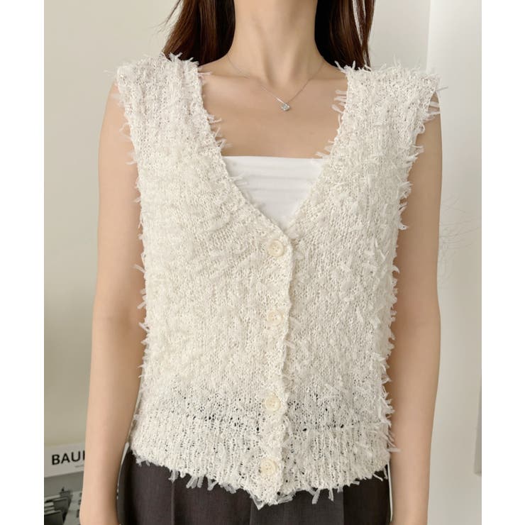 ディープVネック テープヤーン フリンジ ニット ベスト[品番