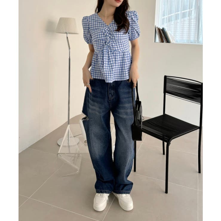 フロント ねじりデザイン パフスリーブ ギンガムチェック ペプラム ブラウス | Ada. | 詳細画像6 