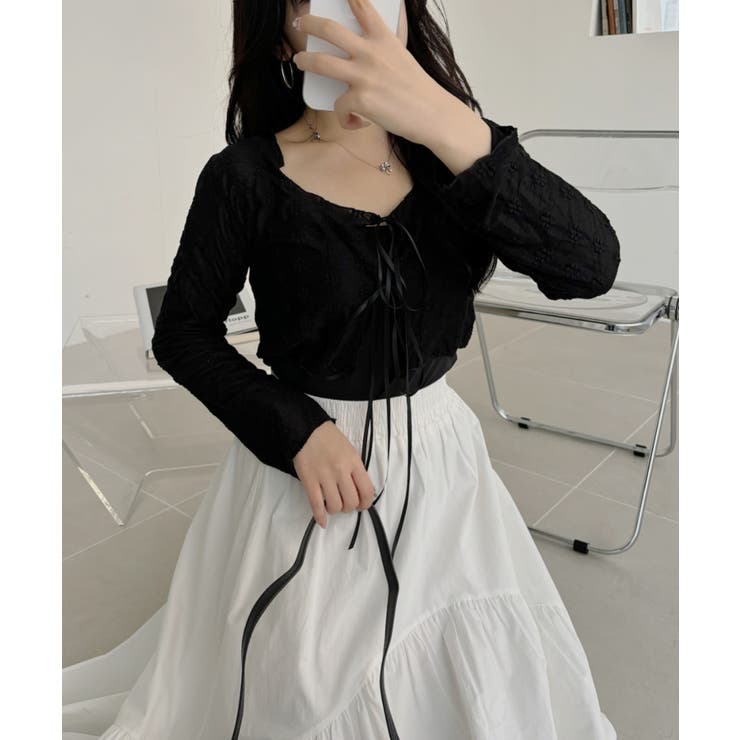 フロント リボン クロップド レース カーディガン[品番：ORGW0009396