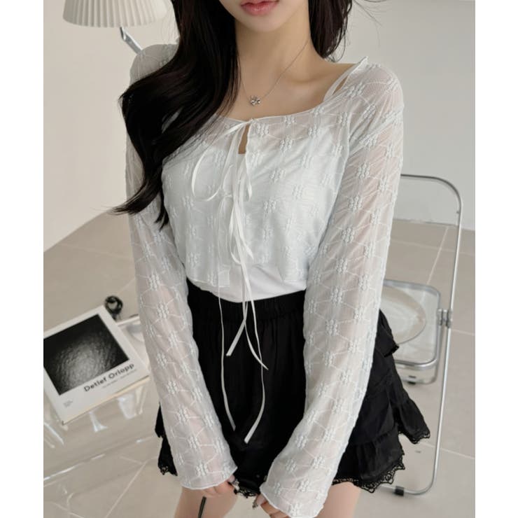 フロント リボン クロップド レース カーディガン[品番：ORGW0009396