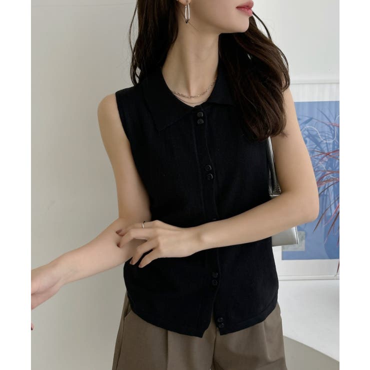 襟付き ノースリーブ ボタンデザイン ニット[品番：ORGW0009397