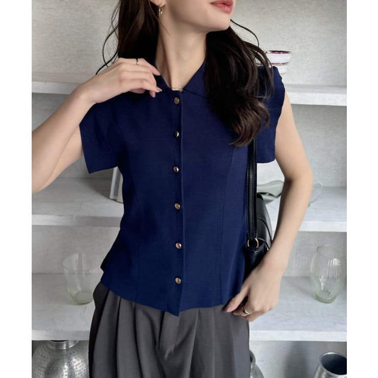 金ボタン 襟付き スクエア フレンチスリーブ ニット[品番