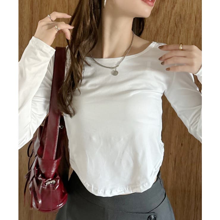 Uネック サイドギャザー シンプル長袖 Tシャツ | Ada. | 詳細画像21 