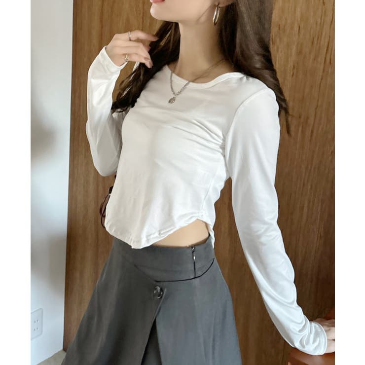 Uネック サイドギャザー シンプル長袖 Tシャツ | Ada. | 詳細画像5 