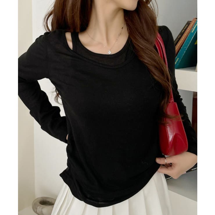 ホルターネック風 ドッキングレイヤード サイドシャーリング シアーカットソー | Ada. | 詳細画像1 