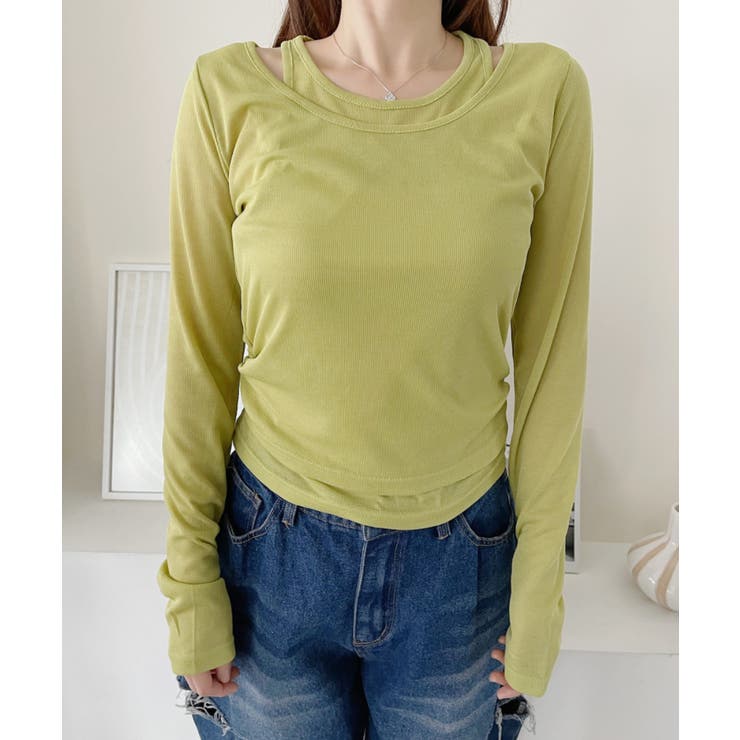 ホルターネック風 ドッキングレイヤード サイドシャーリング シアーカットソー | Ada. | 詳細画像29 