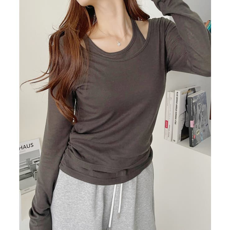 ホルターネック風 ドッキングレイヤード サイドシャーリング シアーカットソー | Ada. | 詳細画像6 