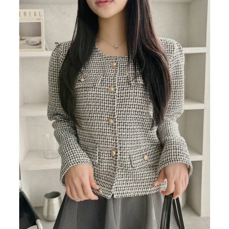 スプリング ツイード 金ボタン ノーカラー ジャケット[品番